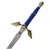 Replica Master Sword from the Legend of Zelda, featuring a silver blade, blue faux leather-wrapped handle, and gold accents.