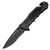 A black folding knife is shown open, with a 4.5-inch partially serrated stainless steel blade and a black aluminum handle that features a seatbelt cutter and a glass breaker tip. A black folding knife is shown open, with a 4.5-inch partially serrated stainless steel blade and a black aluminum handle that features a seatbelt cutter and a glass breaker tip.