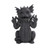 Playful dark gray dragon statue sitting with a cheerful expression, making peace signs with both hands, featuring textured scales and wings.