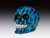 Glossy blue skull with lightning patterns, black eye sockets, and white teeth grinning, set against a gradient background.