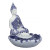 Side view of a blue and white porcelain style seated Buddha statue incense burner featuring intricate traditional floral patterns.