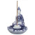 Blue and white Buddha incense burner featuring a seated Buddha figure with intricate robe designs, resting atop a decorative lotus-shaped dish that holds an incense stick.