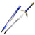 Blue replica of the Master Sword from the Legend of Zelda, displayed with a matching faux leather scabbard, featuring gold accents.