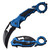 Tactical folding karambit by Tac-Force shown in both open and closed positions. The hawkbill blade is finished in matte black with a silver cutting edge and serrations near the handle. The metallic blue aluminum handle includes black grip-tape style inserts, a deep-carry pocket clip, a seatbelt cutter notch, and a tactical finger ring with a glass breaker tip.