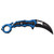 A Tac-Force spring-assisted karambit knife featuring a curved black stainless steel blade with a partially serrated edge. The ergonomic handle is metallic blue with black textured inserts, a finger ring, and an integrated glass breaker and pocket clip.
