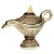 Magic Lamp Backflow Incense Burner in antique gold finish, shaped like a genie lamp with ornate engraved details and pedestal base.