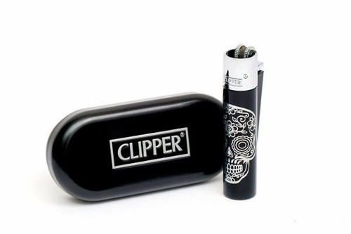  Clipper Lighters 12ct Full Metal Display - Black With Silver Skulls  at The Cloud Supply