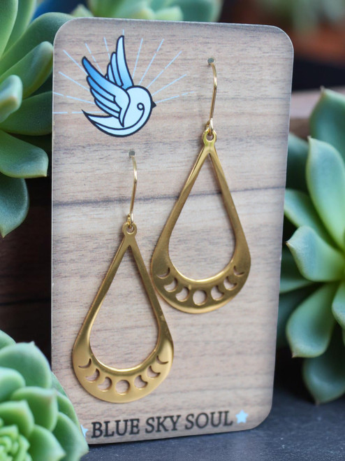 Gold moon phase, tear drop hoop earrings