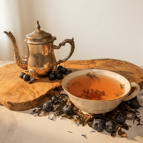 Picture of tea, blueberries, teacup, tea pot