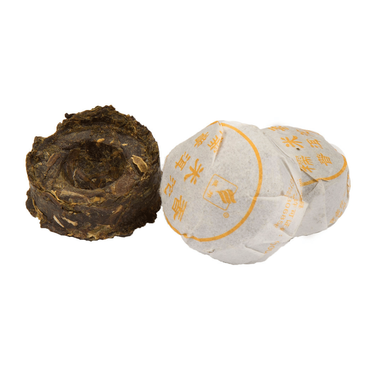 Pressed tea in and out of wrappers