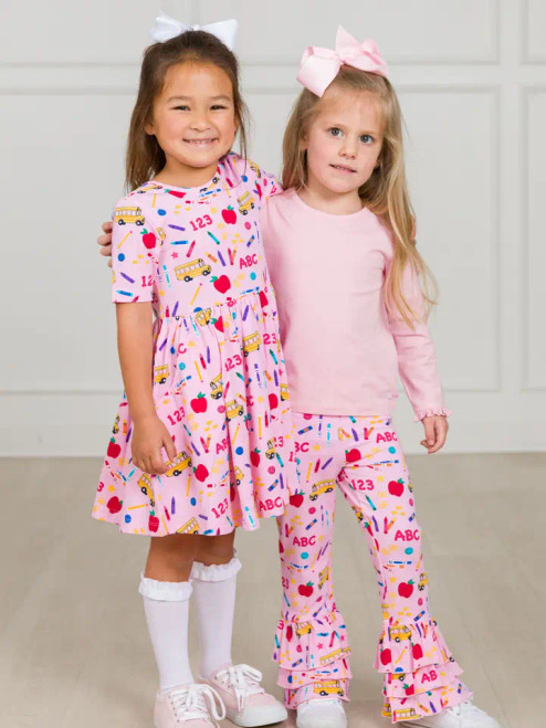 Pink school house knit short sleeve twirl dress