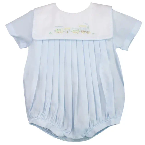 Romper with Train Embroidery in Blue