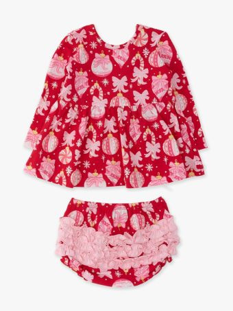 Red Holly Ornament Bows Knit Twirl Top bloomer set