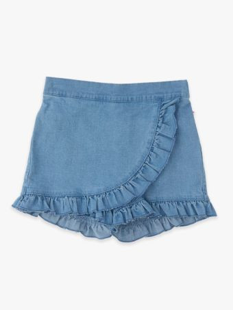 Light Wash Stretch Denim Ruffle Skort