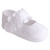 WHITE SATIN CRIB SHOE WITH RUFFLE STRAP	