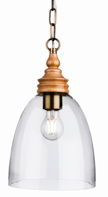 Firstlight Products Comet Natural Wood with Clear Glass Bell Shaped Pendant Light