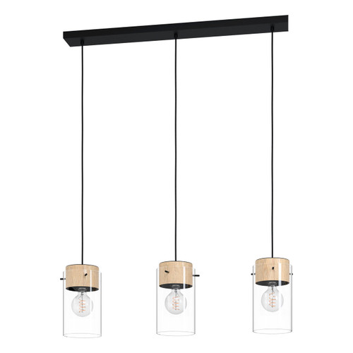 Eglo Lighting Madreselva 3 Light Black with Wood and Clear Glass Bar Pendant Light