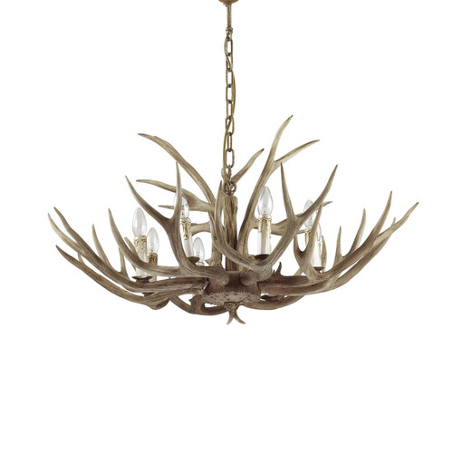Ideal-Lux Chalet SP8 8 Light Beige with Resin Horns and Wood Pendant Light 