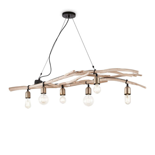 Ideal-Lux Driftwood SP6 6 Light Wood with Brushed Brass Pendant Light 