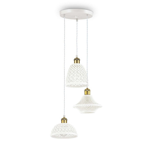 Ideal-Lux Lugano SP3 3 Light Satin Brass with White Cluster Pendant Light 