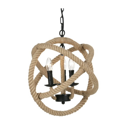 Oaks Lighting Corde 3 Light Black with Rope Pendant Light 