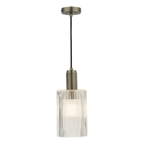 Dar Lighting Nikolas Antique Chrome with Cylinder Ribbed Glass Pendant Light