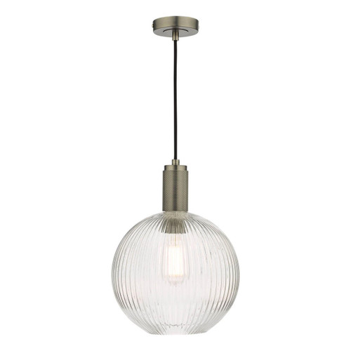 Dar Lighting Nikolas Antique Chrome with Round Ribbed Glass Pendant Light 