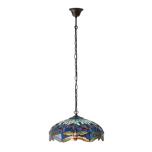 Interiors 1900 Dragonfly 3 Light Dark Bronze with Blue Medium Tiffany Pendant Light 