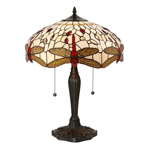 Interiors 1900 Dragonfly 2 Light Dark Bronze with Beige Medium Tiffany Table Lamp 