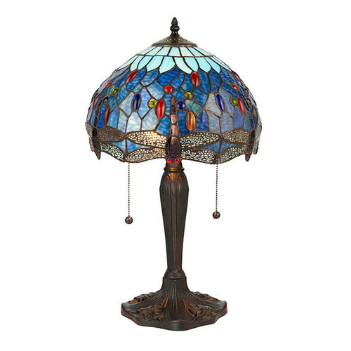 Interiors 1900 Dragonfly 2 Light Dark Bronze with Blue Small Tiffany Table Lamp 