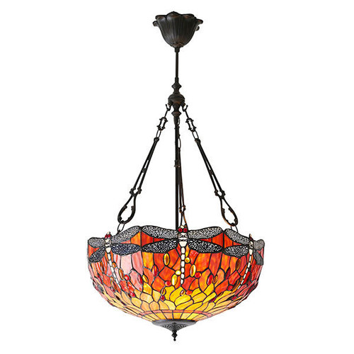 Interiors 1900 Dragonfly 3 Light Dark Bronze with Flame Large Inverted Tiffany Pendant Light 