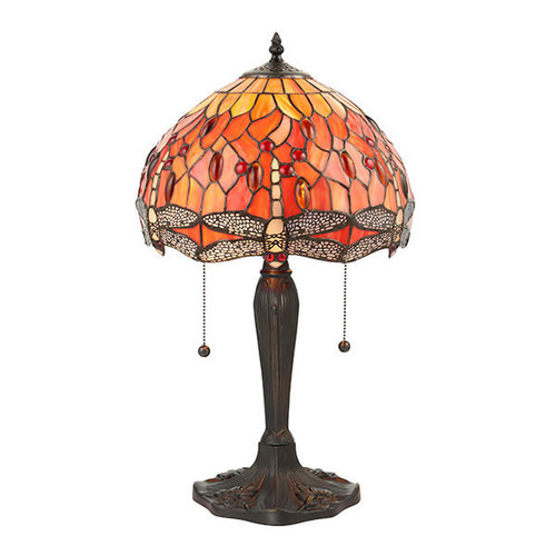 Interiors 1900 Dragonfly 2 Light Dark Bronze with Flame Small Tiffany Table Lamp 