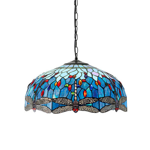 Interiors 1900 Dragonfly 3 Light Dark Bronze with Blue Large Tiffany Pendant Light 