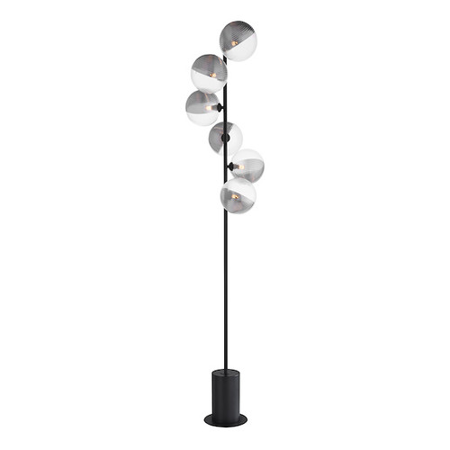 Spiral 6 Light Matt Black with Smoked and Clear Ribbed Glass Floor Lamp