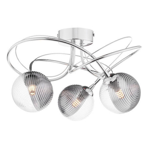 Dar Lighting Onawa 3 Light Polished Chrome with Smoked and Clear Ribbed Glass Semi Flush Ceiling Light 