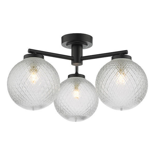 Dar Lighting Wayne 3 Light Matt Black Glass IP44 Bathroom Ceiling Light 