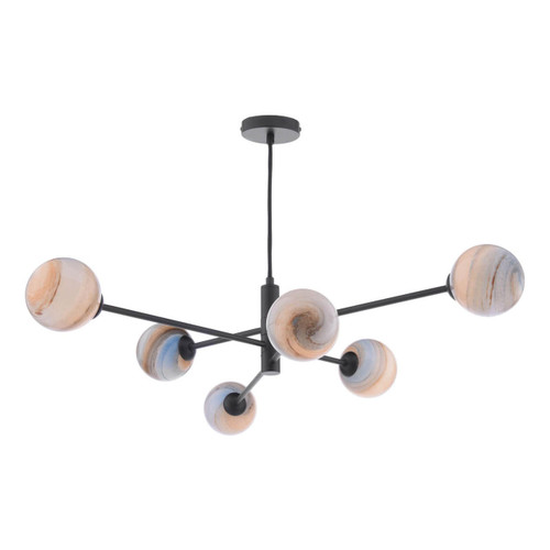 Dar Lighting Vignette 6 Light Matt Black with Planet Style Glass Pendant Light 