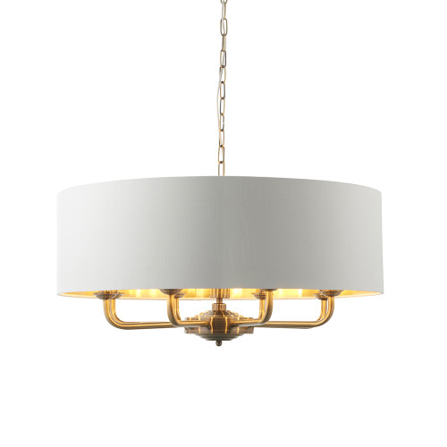 Highclere 8 Light Antique Brass with White Shaded Pendant Light