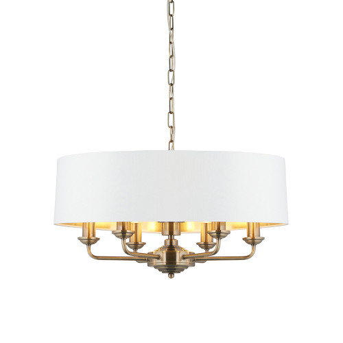 Highclere 6 Light Antique Brass with White Shaded Pendant Light