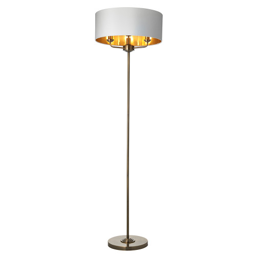 Highclere 3 Light Antique Brass with White Shaded Floor Lamp