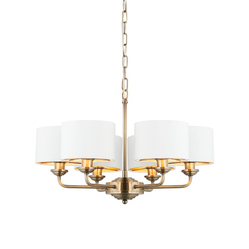 Highclere 6 Light Antique Brass with White Shades Pendant Light