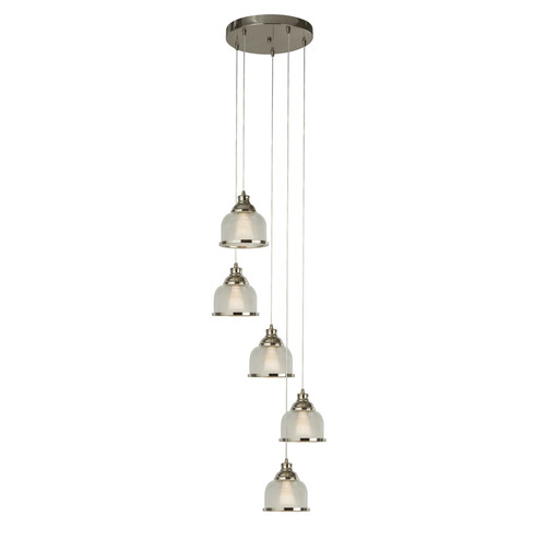 Bistro II 5 Light Satin Silver with Holophane Glass Cluster Pendant Light