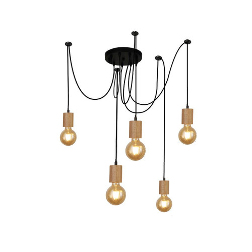 Searchlight Spinny 5 Light Matt Black and Wood Cluster Pendant Light 