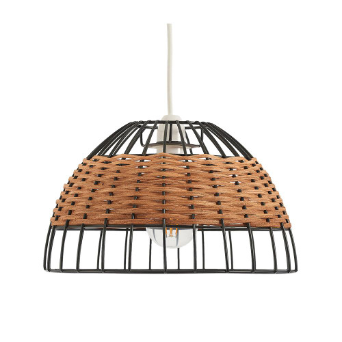 Oaks Lighting Belfort Iron and Rattan Round 28cm Easy Fit Pendant Light 