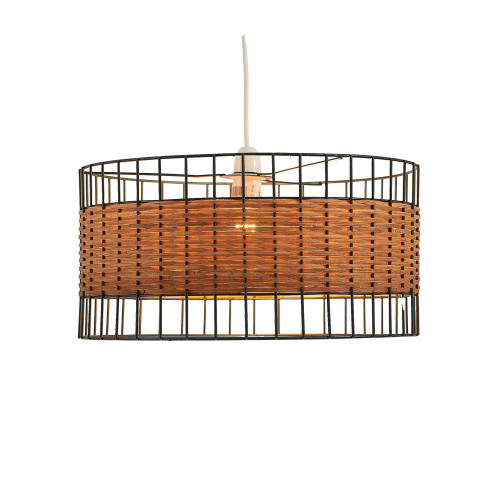Oaks Lighting Belfort Iron and Rattan Drum 40cm Easy Fit Pendant Light 