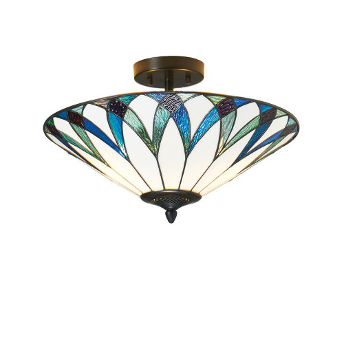 Oaks Lighting Allanton 2 Light White with Green and Blue Tiffany Semi Flush Ceiling Light 