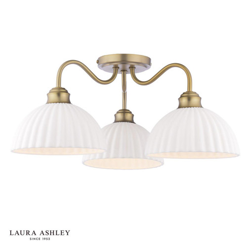 Laura Ashley Lighting Durford 3 Light Matt Antique Brass with White Ceramic Shades Semi Flush Ceiling Light 