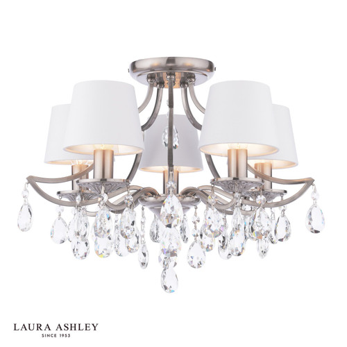 Enstone 5 Light Polished Nickel and Crytals with Ivory Candle Shades Semi Flush Ceiling Light