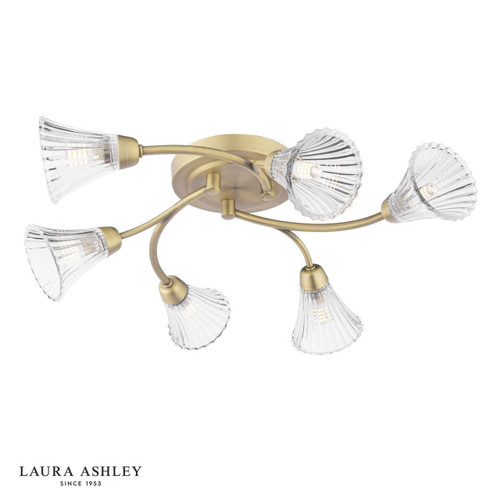Laura Ashley Lighting Lanton 6 Light Matt Antique Brass with Clear Ribbed Shades Semi Flush Ceiling Light 