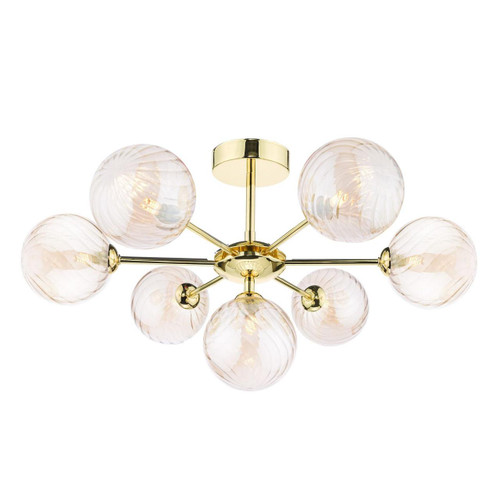 Dar Lighting Cohen 7 Light Polished Gold with Twisted Amber Diffusers Semi Flush Ceiling Light 